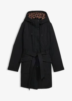 bonprix bonprix Chaquetas Y Abrigos>Abrigo corto para exteriores con cinturón, material impermeable y forro de leopardo Negro