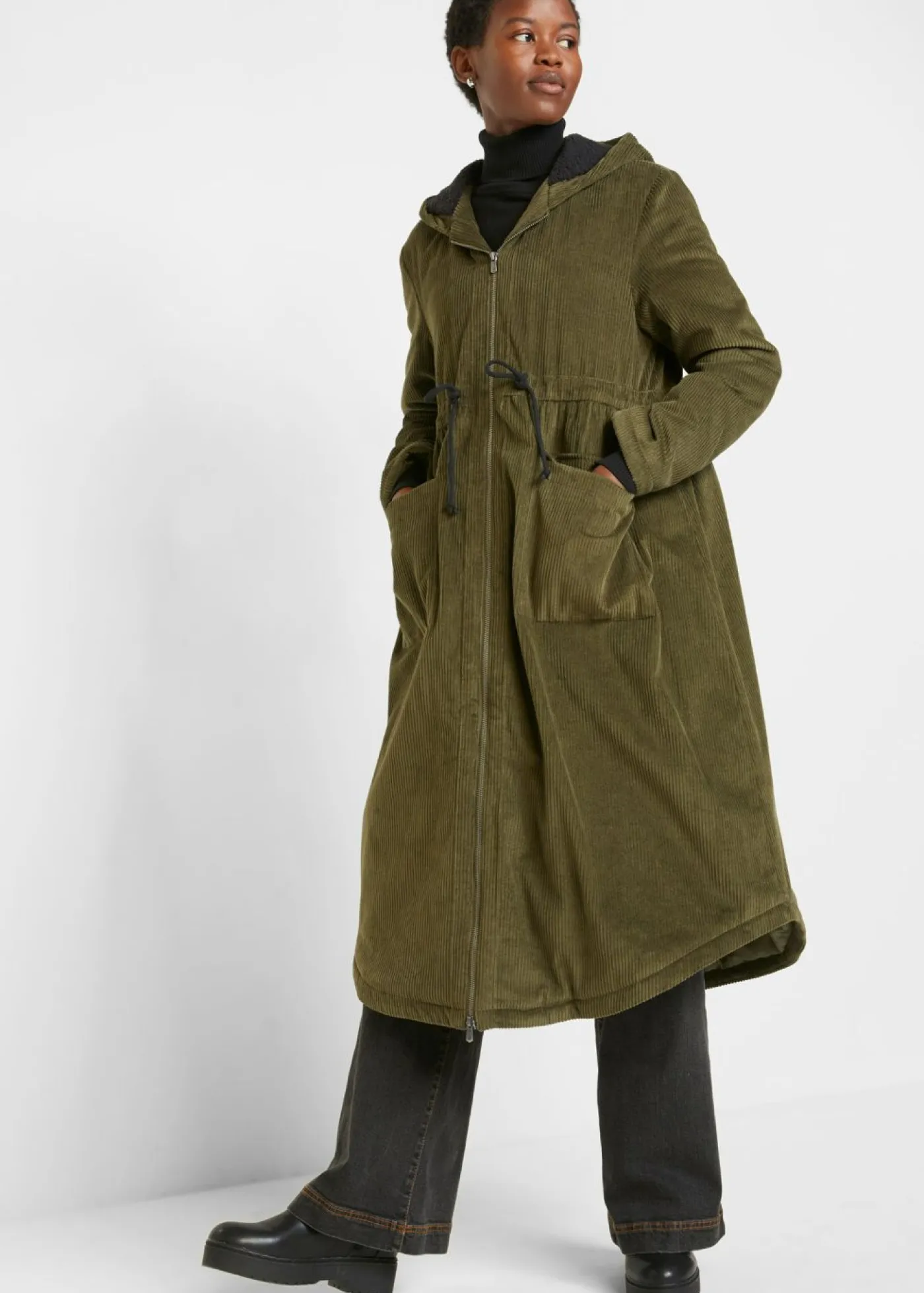 bonprix bonprix Chaquetas Y Abrigos>Abrigo de pana de algodón puro con capucha de pelo Oliva