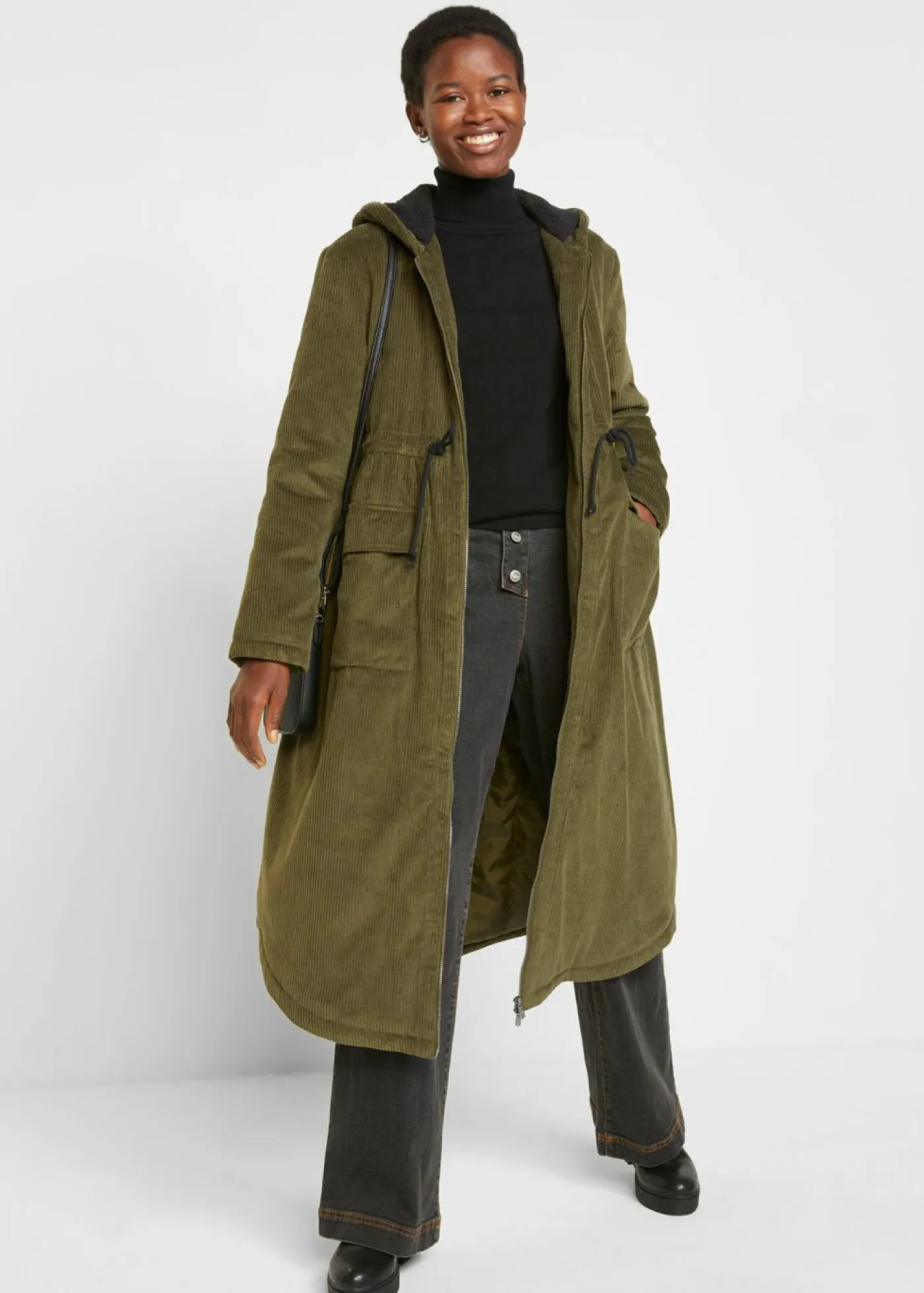 bonprix bonprix Chaquetas Y Abrigos>Abrigo de pana de algodón puro con capucha de pelo Oliva