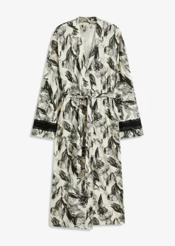 bonprix bonprix Albornoces Y Batas>Albornoz tipo kimono de mezcla de viscosa suave beige natural-negro con flores