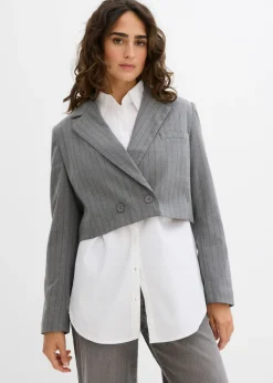 bonprix bonprix Blazers>Americana corta con cuello de solapa gris ahumado-pizarra con rayas