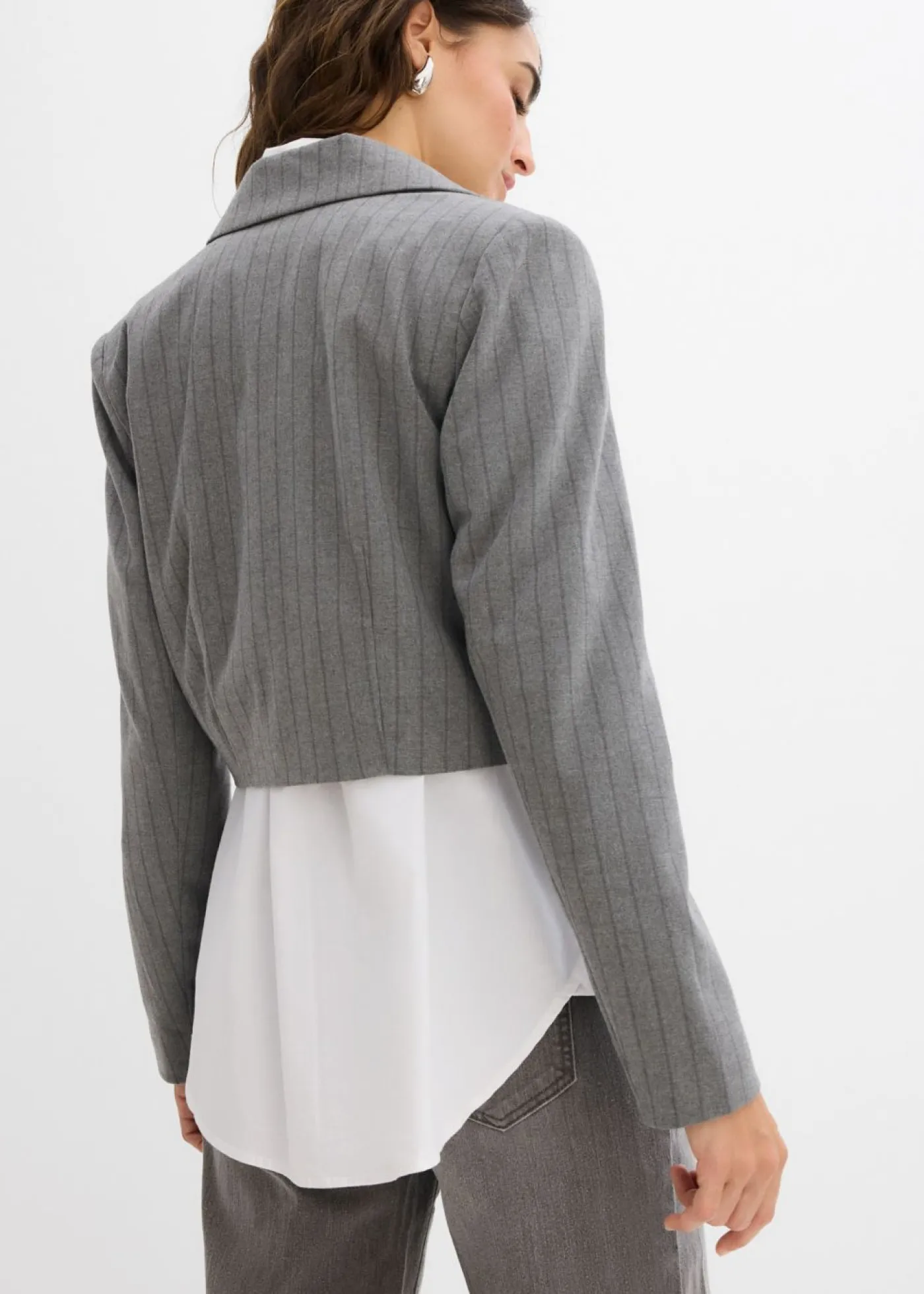 bonprix bonprix Blazers>Americana corta con cuello de solapa gris ahumado-pizarra con rayas