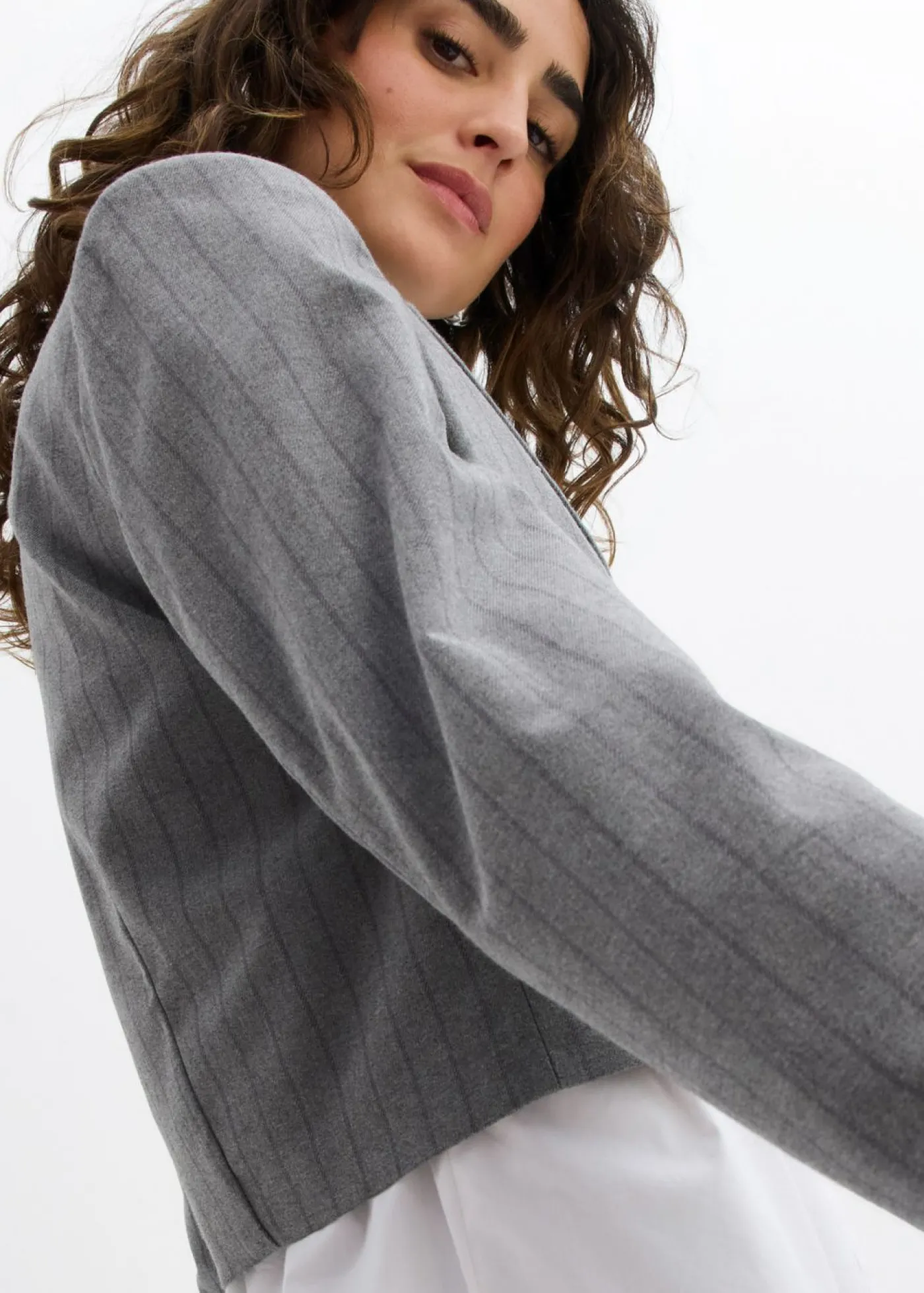 bonprix bonprix Blazers>Americana corta con cuello de solapa gris ahumado-pizarra con rayas