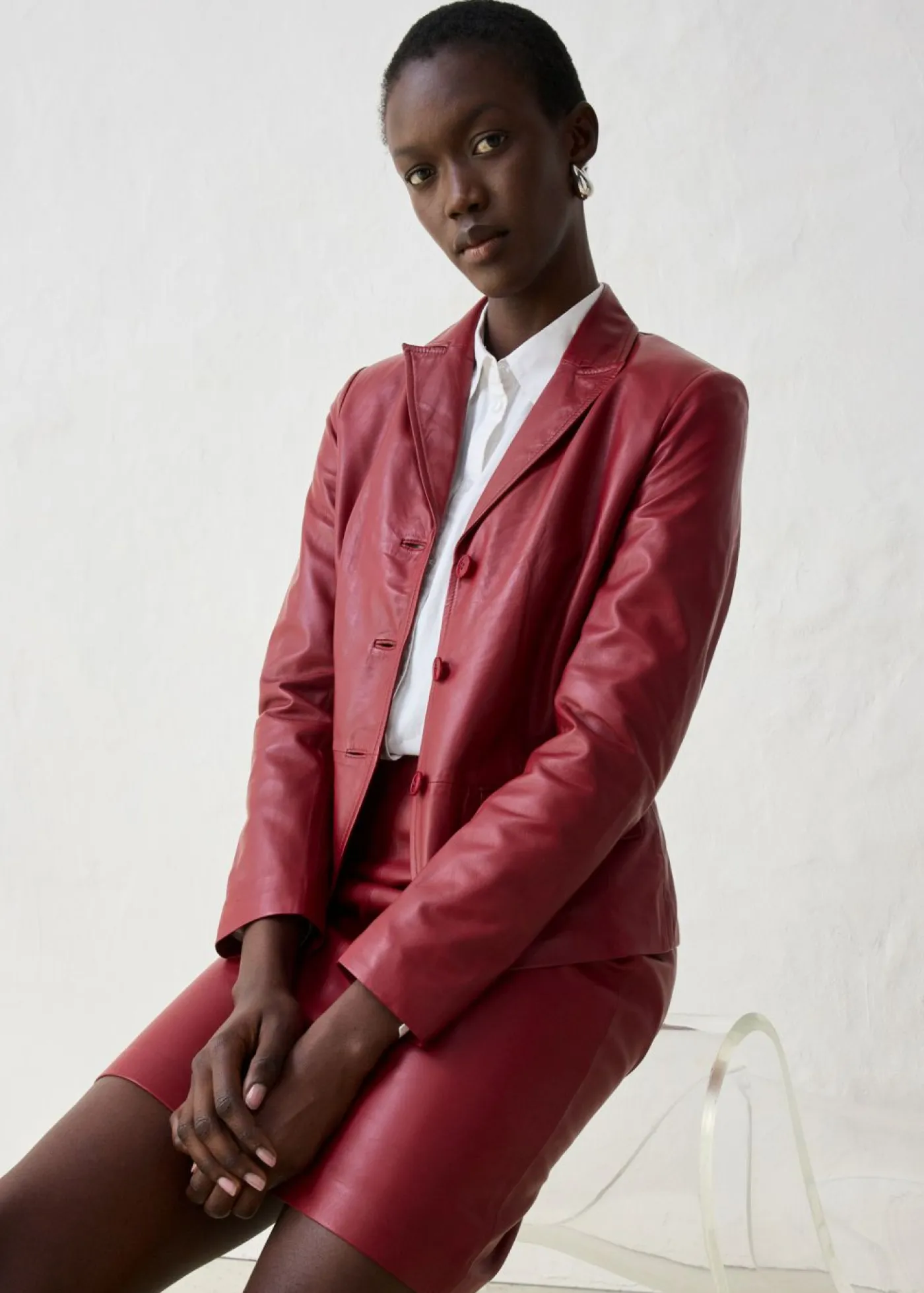 bonprix bonprix Premium|Blazers>Americana corta de napa de cordero rojo castaño