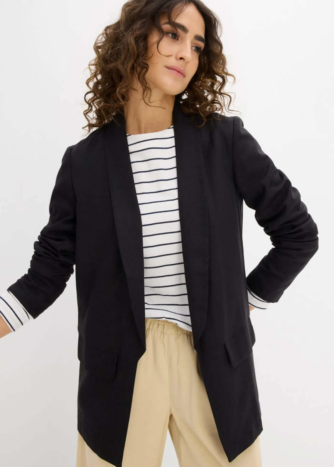 bonprix bonprix Blazers>Americana de corte ancho en mezcla de lino y viscosa Negro