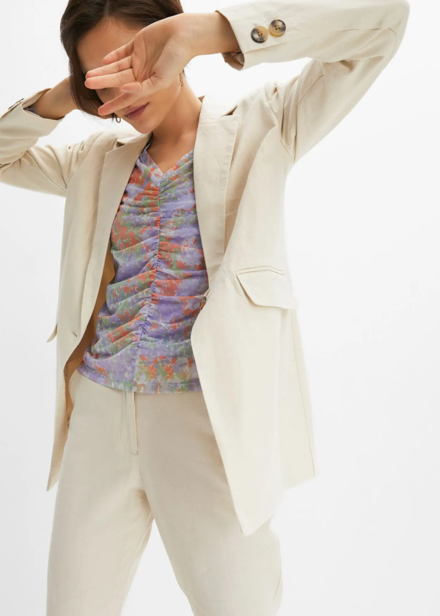 bonprix bonprix Blazers>Americana larga de mezcla de lino y viscosa gris guijarro