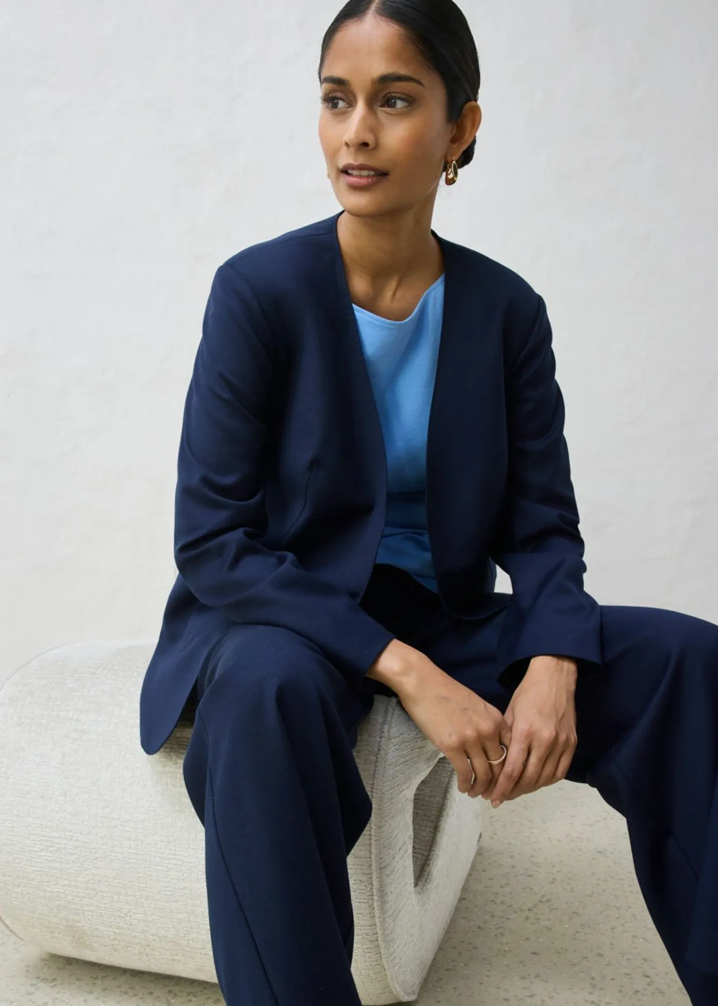 bonprix bonprix Premium|Blazers>Americana sin cuello de suave mezcla de lana Azul marino