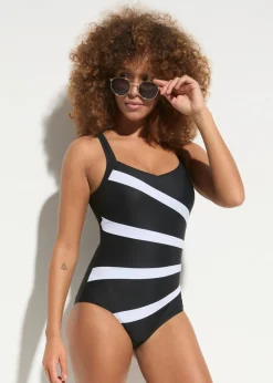 bonprix bonprix Ropa De Baño Deportiva|Vestidos Moldeadores>Bañador con gran efecto moldeador e insertos Negro-blanco con rayas