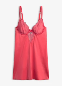 bonprix bonprix Lencería|Corsés>Babydoll de tejido brillante con bordado floral brillante rosa coral