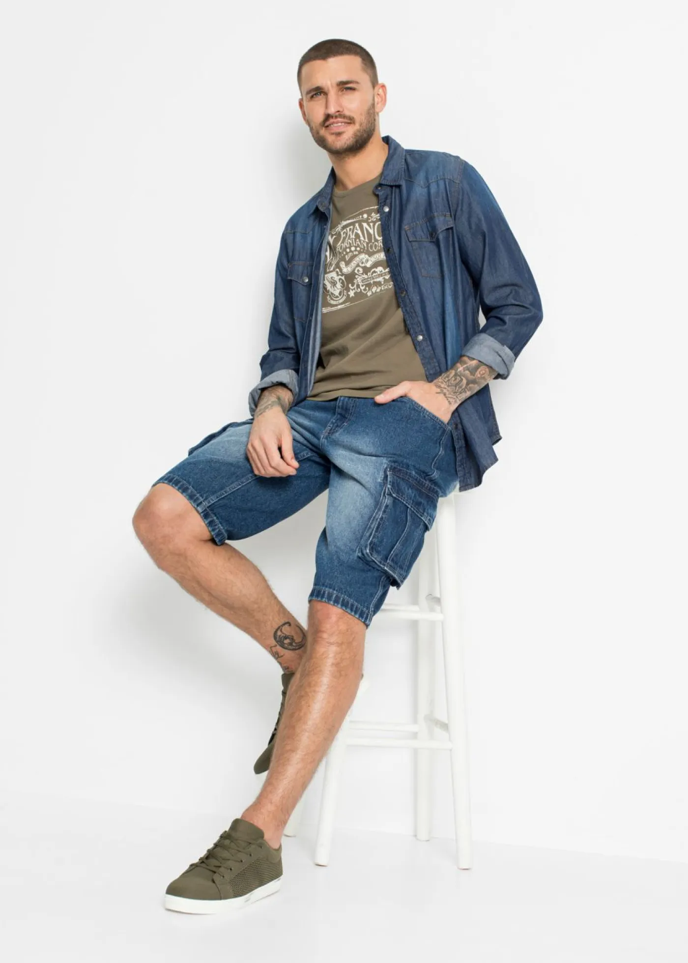 Hombre bonprix bonprix Bermudas vaqueras largas, cargo, relaxed fit