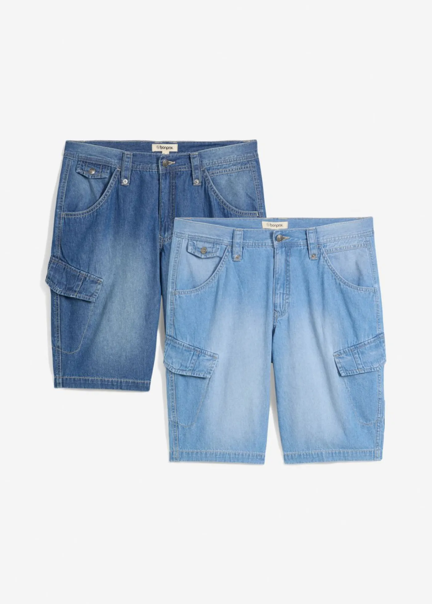 bonprix bonprix Shorts|Vaqueros>Bermudas vaqueras ligeras tipo cargo de algodón puro con corte relajado (2 unidades) azul piedra+azul claro denim