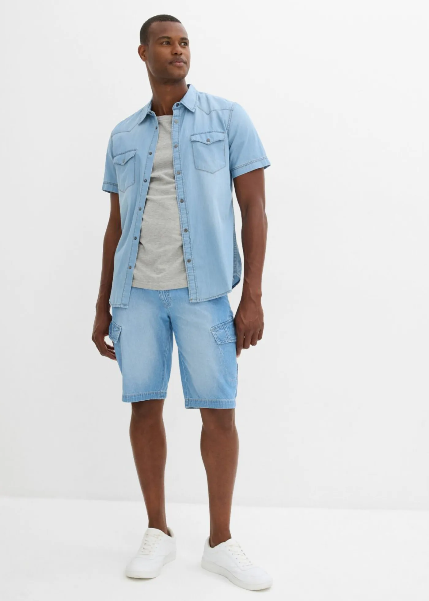 bonprix bonprix Shorts|Vaqueros>Bermudas vaqueras ligeras tipo cargo de algodón puro con corte relajado (2 unidades) azul piedra+azul claro denim