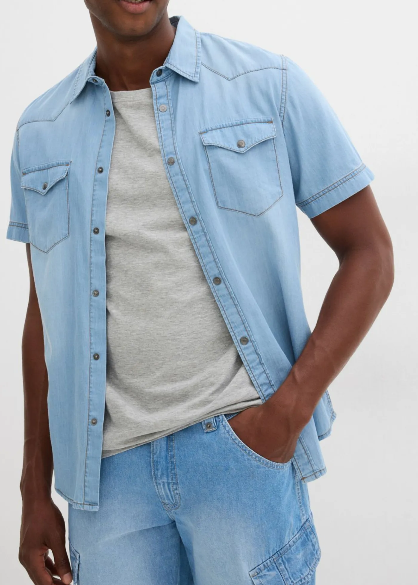 bonprix bonprix Shorts|Vaqueros>Bermudas vaqueras ligeras tipo cargo de algodón puro con corte relajado (2 unidades) azul piedra+azul claro denim