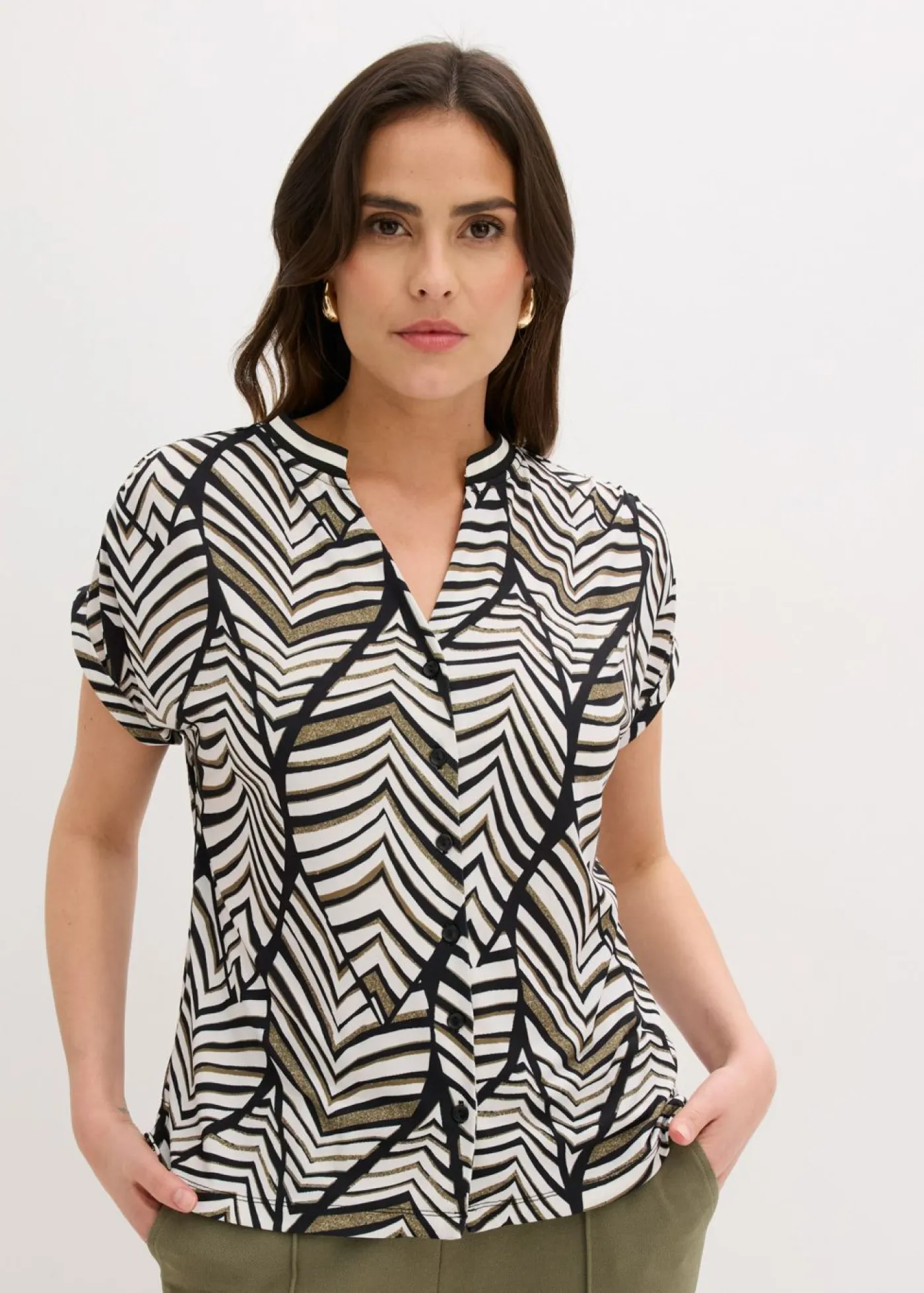 bonprix bonprix Camisetas|Novedades>Blusa negro-blanco perla-oliva pálido
