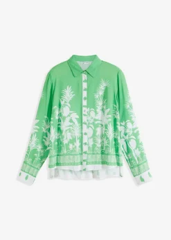 bonprix bonprix Camisas Y Blusas>Blusa asimétrica de viscosa fluida Verde vibrante/blanco estampado