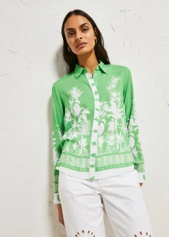 bonprix bonprix Camisas Y Blusas>Blusa asimétrica de viscosa fluida Verde vibrante/blanco estampado