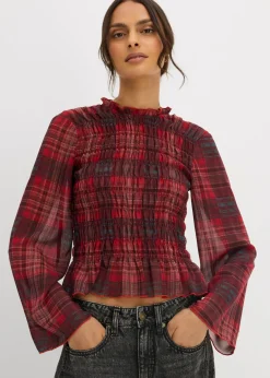 bonprix bonprix Camisas Y Blusas>Blusa con inserto de nido de abeja rojo a cuadros