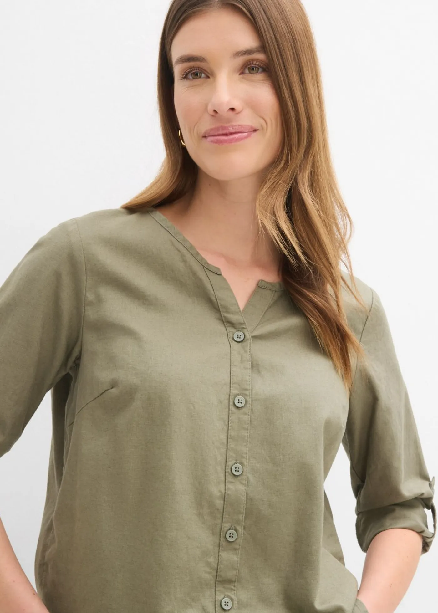 bonprix bonprix Camisas Y Blusas|Novedades>Blusa con lino y mangas 3/4 Verde oliva