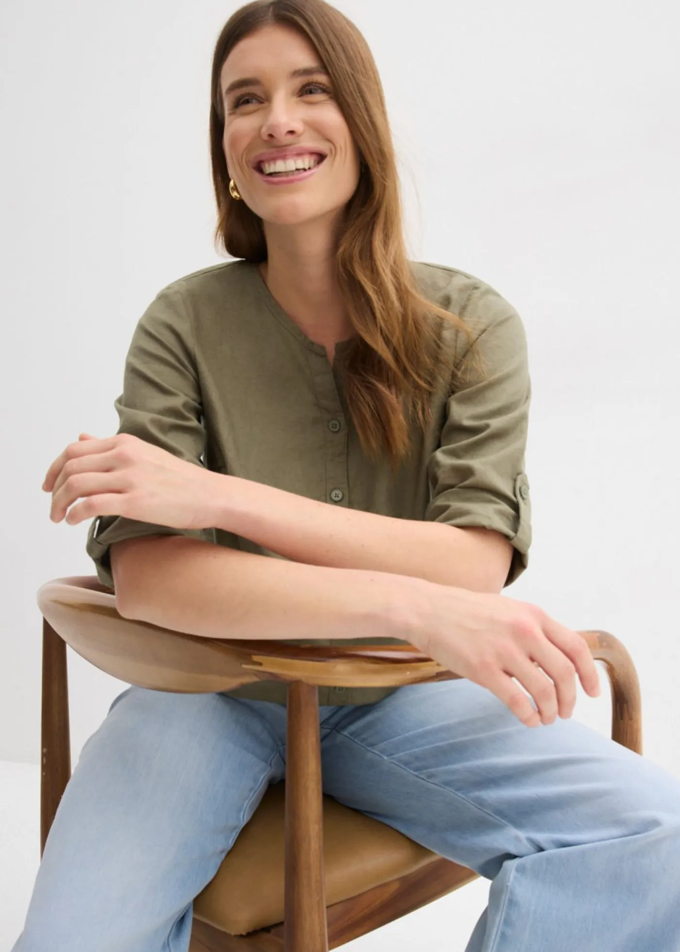 bonprix bonprix Camisas Y Blusas|Novedades>Blusa con lino y mangas 3/4 Verde oliva