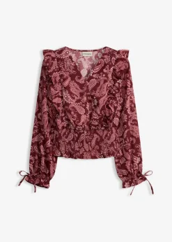 bonprix bonprix Camisas Y Blusas>Blusa con volantes y nido de abeja Rojo rubí con patrón paisley