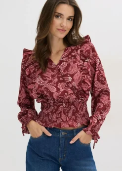bonprix bonprix Camisas Y Blusas>Blusa con volantes y nido de abeja Rojo rubí con patrón paisley