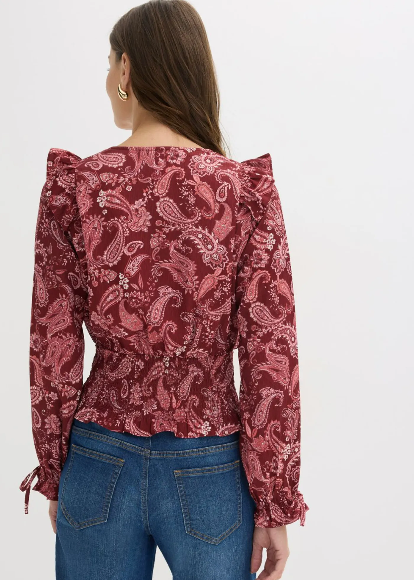 bonprix bonprix Camisas Y Blusas>Blusa con volantes y nido de abeja Rojo rubí con patrón paisley