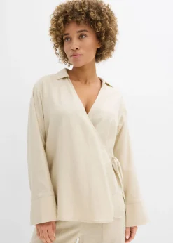 bonprix bonprix Conjuntos De Ropa|Camisas Y Blusas>Blusa cruzada de mezcla de lino Arena claro