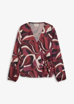 bonprix bonprix Camisas Y Blusas>Blusa cruzada de satén fluido Rojo burdeos-beige mate estampado