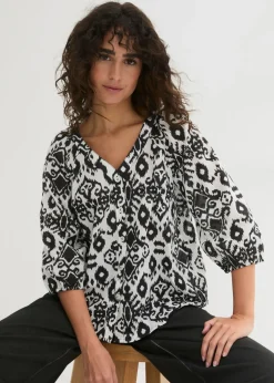 bonprix bonprix Camisas Y Blusas>Blusa de algodón puro Blanco/negro con patrón paisley