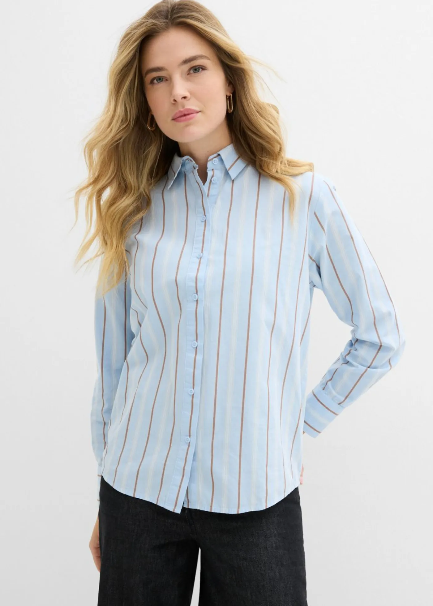 bonprix bonprix Esenciales|Camisas Y Blusas>Blusa de algodón puro azul pálido-blanco lana-marrón castaño-arena claro rayas verticales