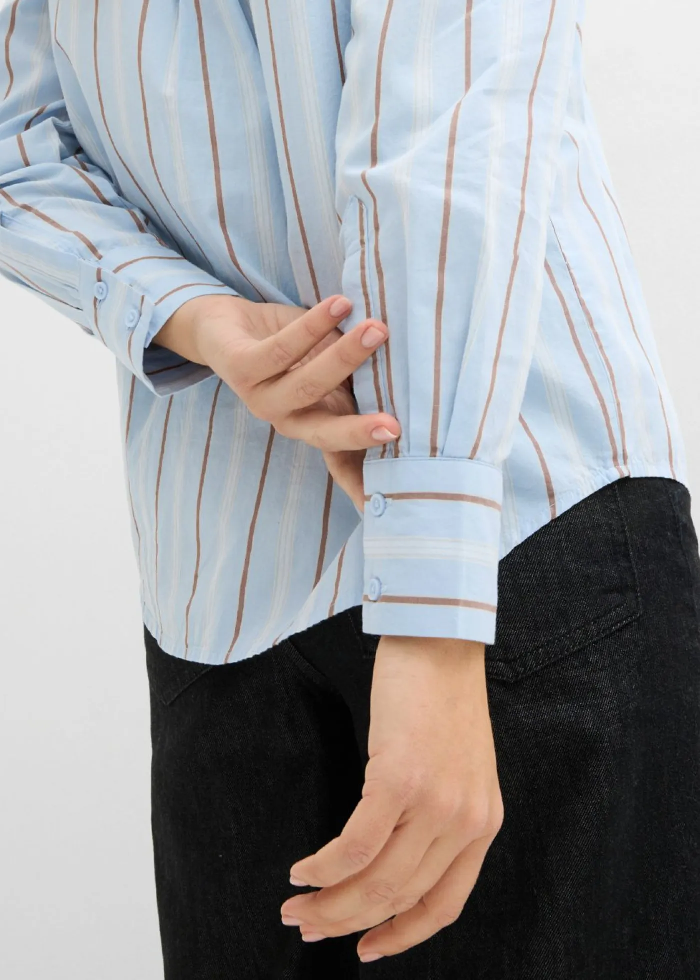 bonprix bonprix Esenciales|Camisas Y Blusas>Blusa de algodón puro azul pálido-blanco lana-marrón castaño-arena claro rayas verticales