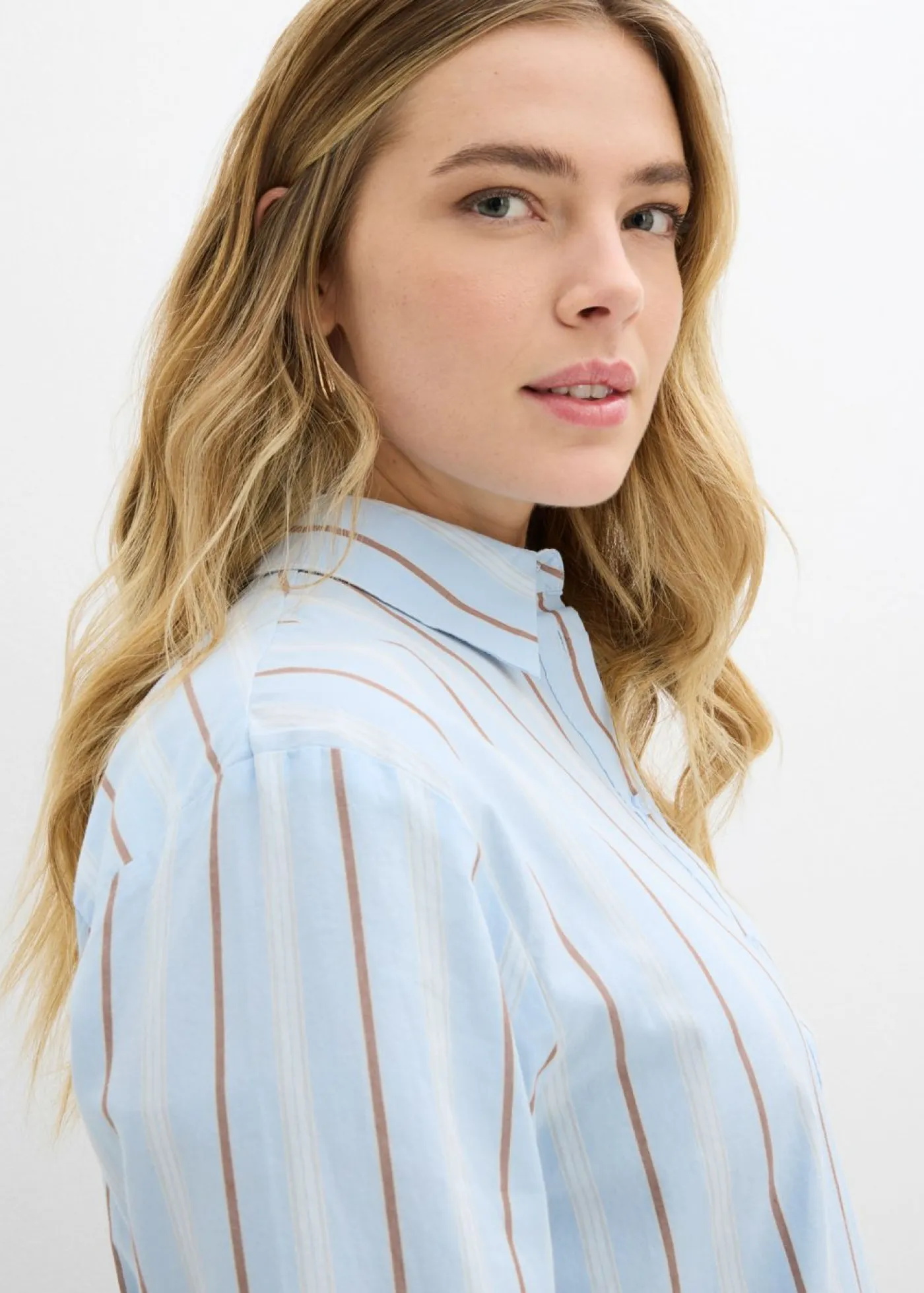 bonprix bonprix Esenciales|Camisas Y Blusas>Blusa de algodón puro azul pálido-blanco lana-marrón castaño-arena claro rayas verticales