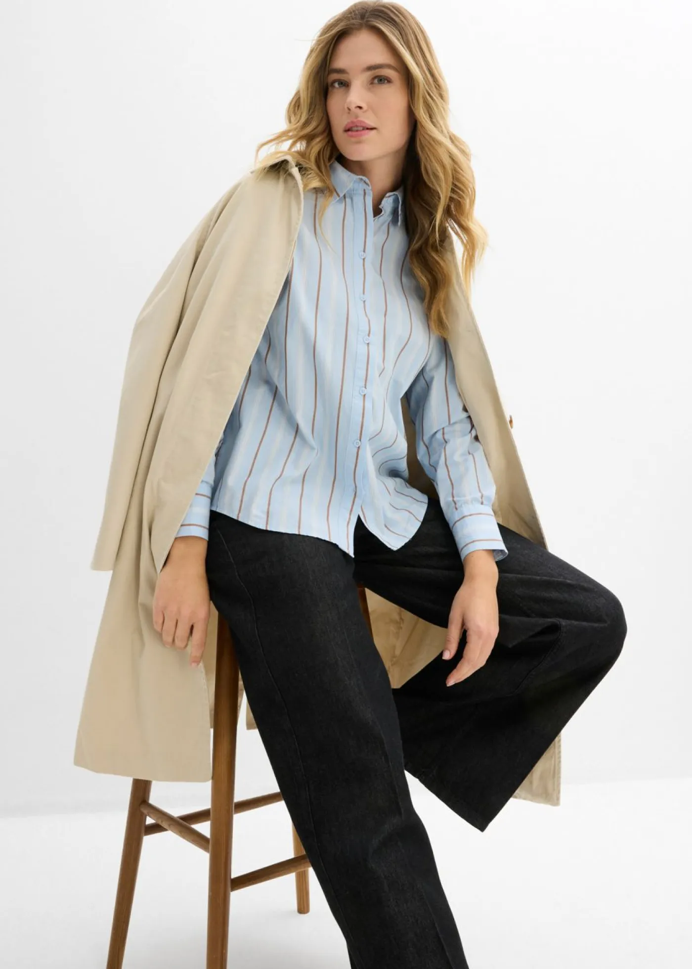 bonprix bonprix Esenciales|Camisas Y Blusas>Blusa de algodón puro azul pálido-blanco lana-marrón castaño-arena claro rayas verticales