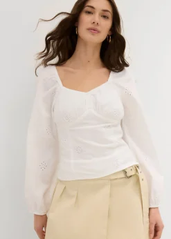bonprix bonprix Camisas Y Blusas>Blusa de algodón puro con bordado calado Blanco