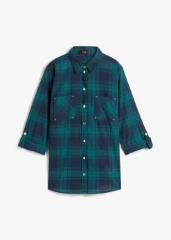 bonprix bonprix Camisas Y Blusas>Blusa de cuadros de algodón puro verde azulado / azul marino a cuadros