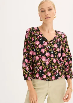 bonprix bonprix Camisas Y Blusas>Blusa de gasa con fruncido en el bajo Negro de flores