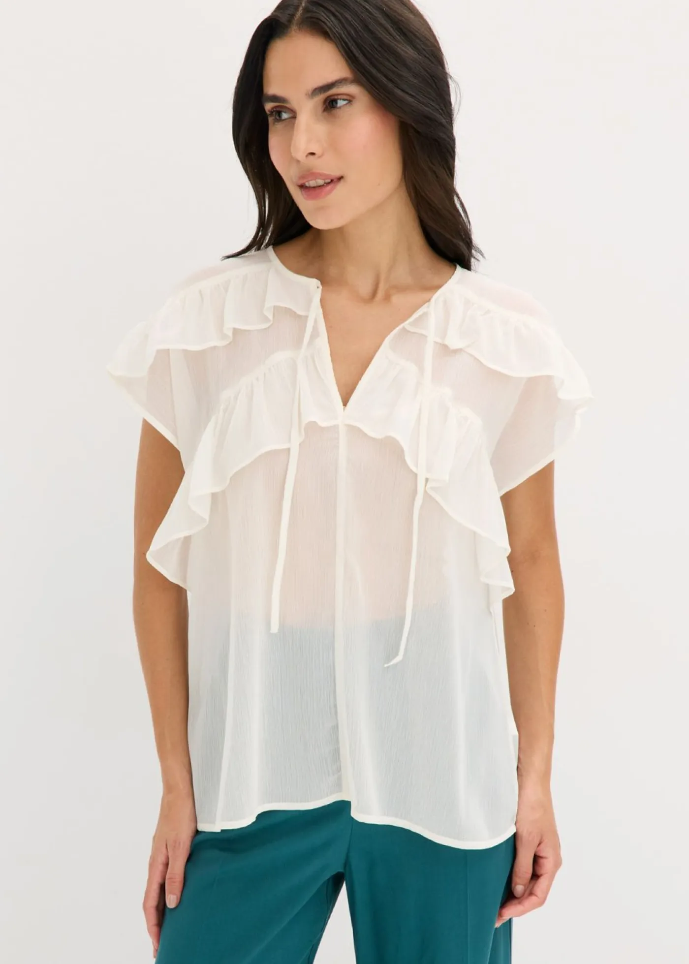 bonprix bonprix Camisas Y Blusas>Blusa de gasa con volantes Blanco lana