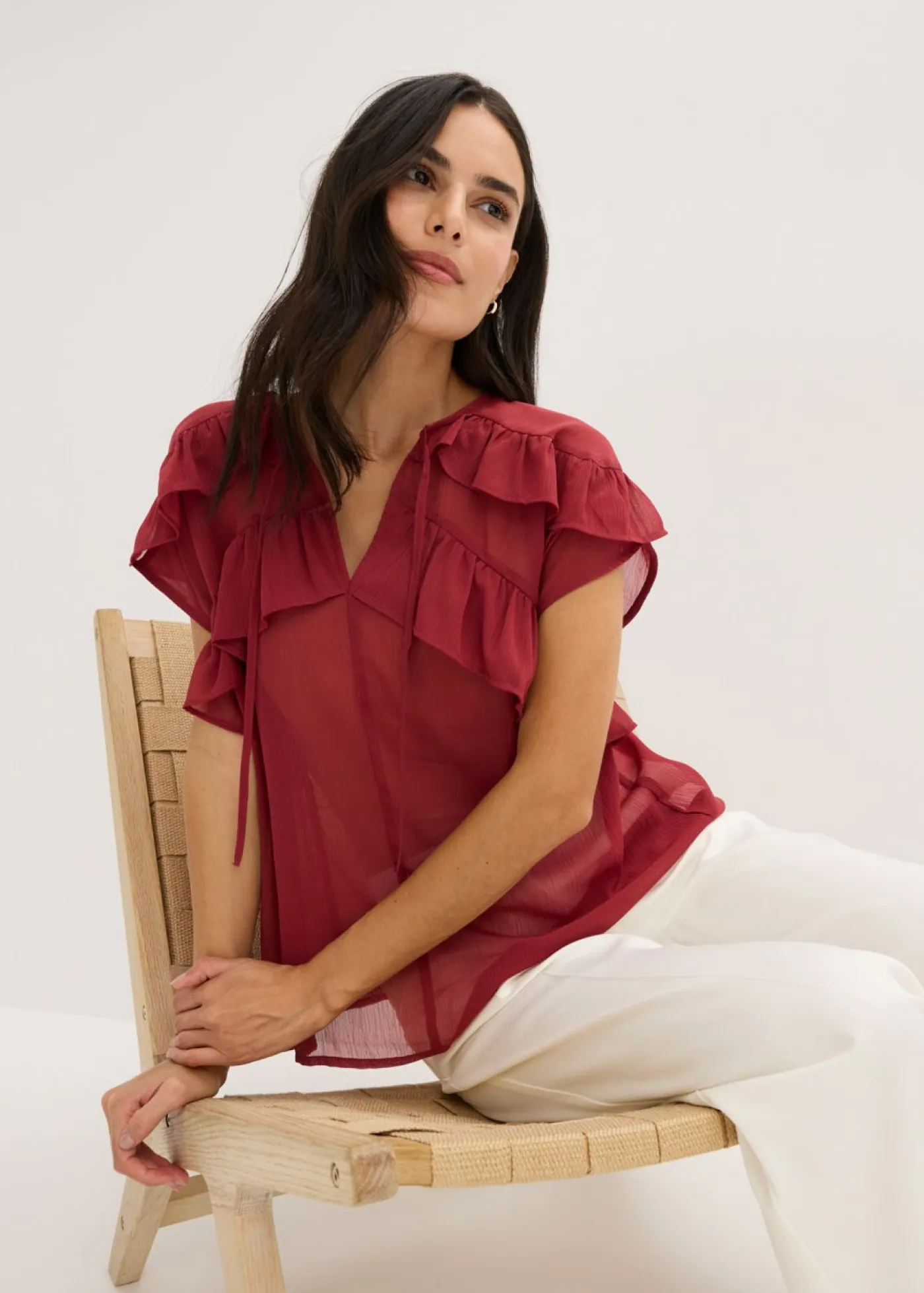 bonprix bonprix Camisas Y Blusas>Blusa de gasa con volantes Rojo