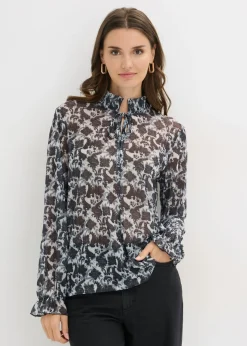 bonprix bonprix Camisetas>Blusa de malla fina Negro-blanco lana con patrón paisley