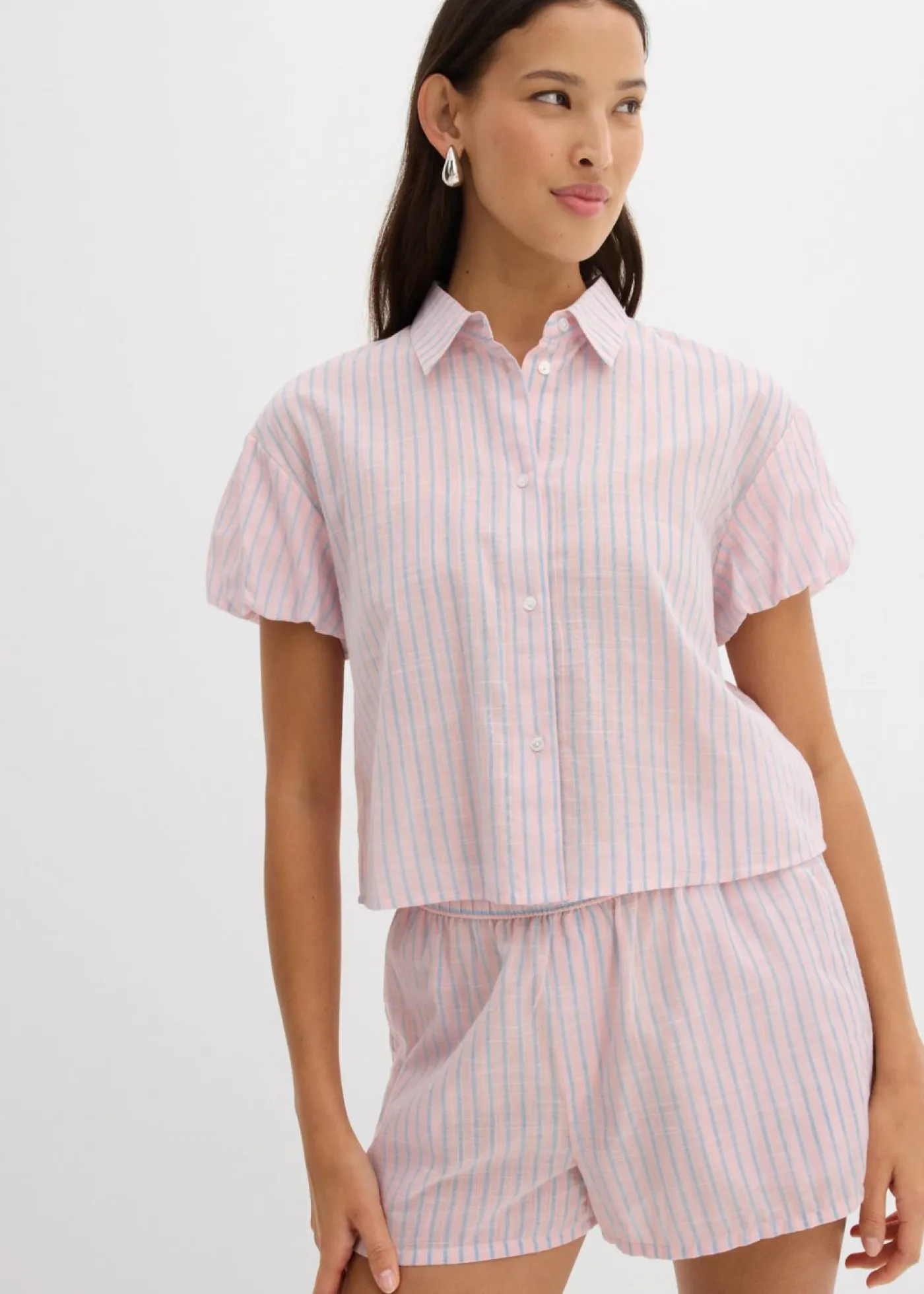 bonprix bonprix Camisas Y Blusas>Blusa de manga corta de algodón puro rosa pastel-azul claro con rayas