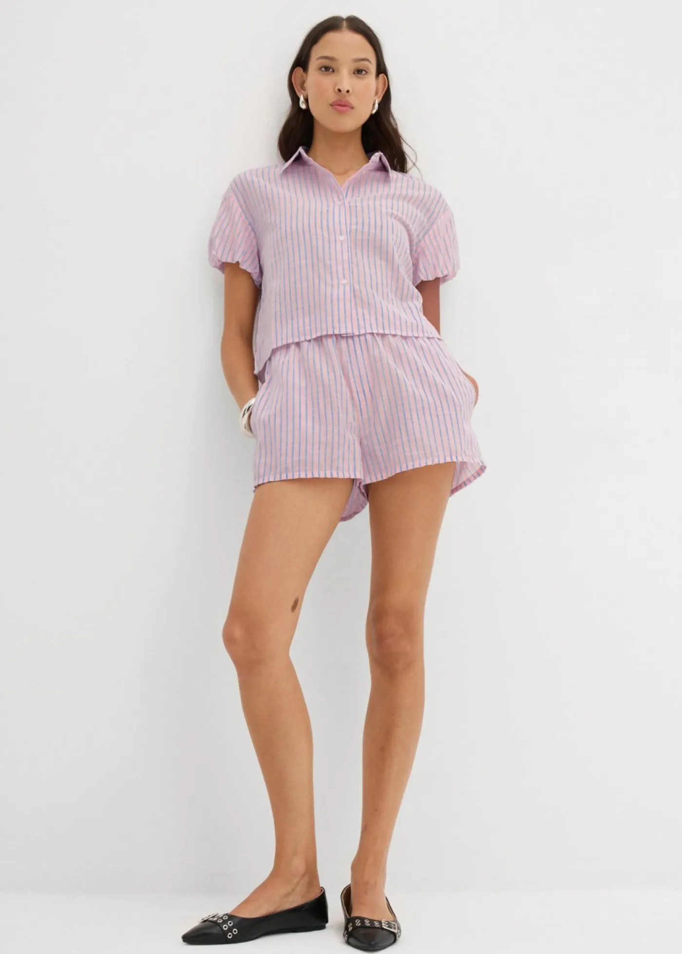 bonprix bonprix Camisas Y Blusas>Blusa de manga corta de algodón puro rosa pastel-azul claro con rayas