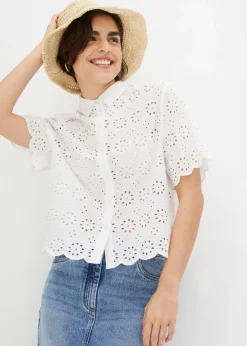 bonprix bonprix Camisas Y Blusas>Blusa de manga corta de algodón puro Blanco