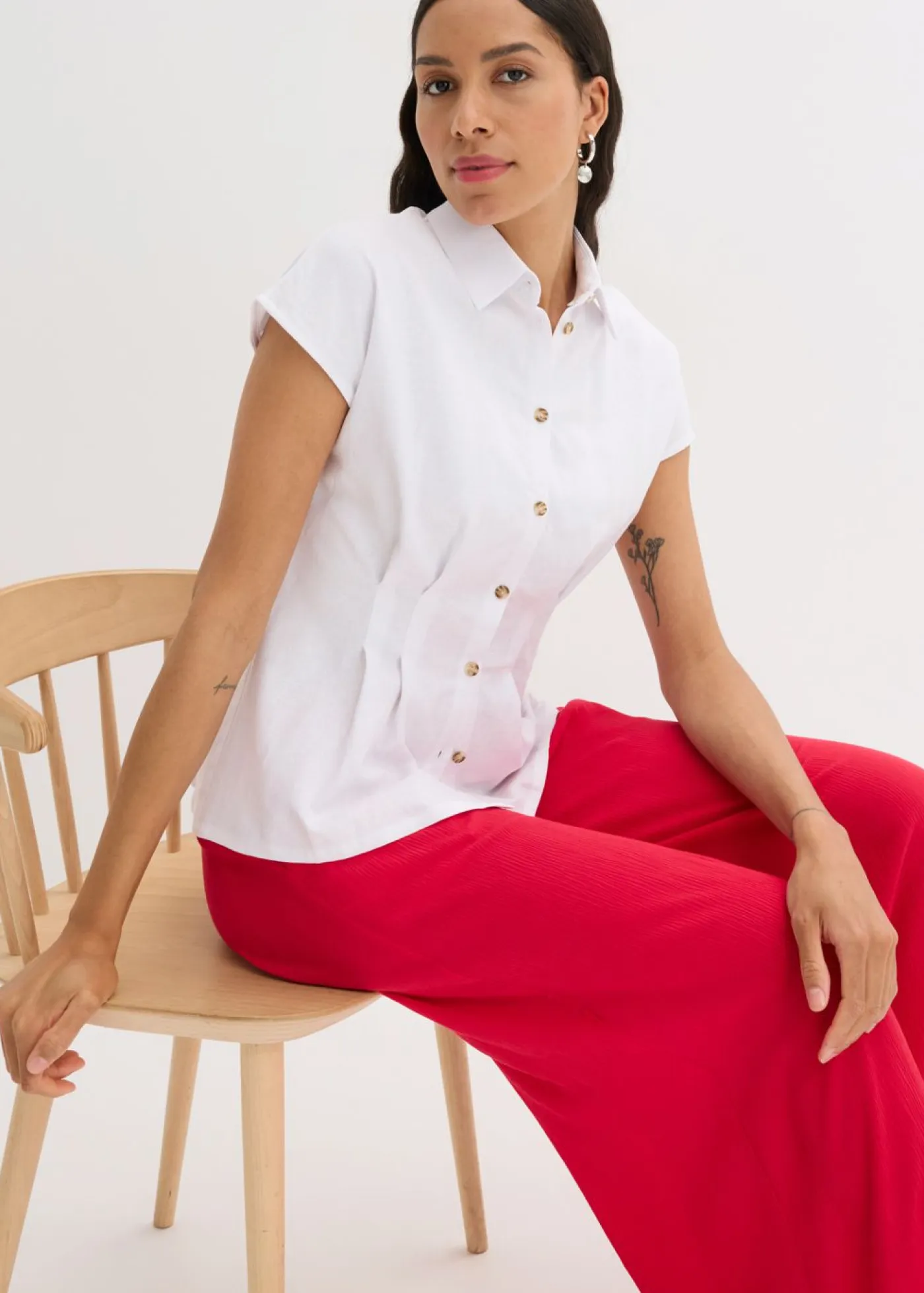 bonprix bonprix Camisas Y Blusas>Blusa de manga corta de mezcla de lino vaporoso Blanco