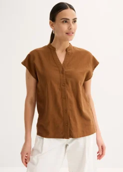 bonprix bonprix Camisas Y Blusas>Blusa de manga corta de mezcla de lino vaporoso marrón