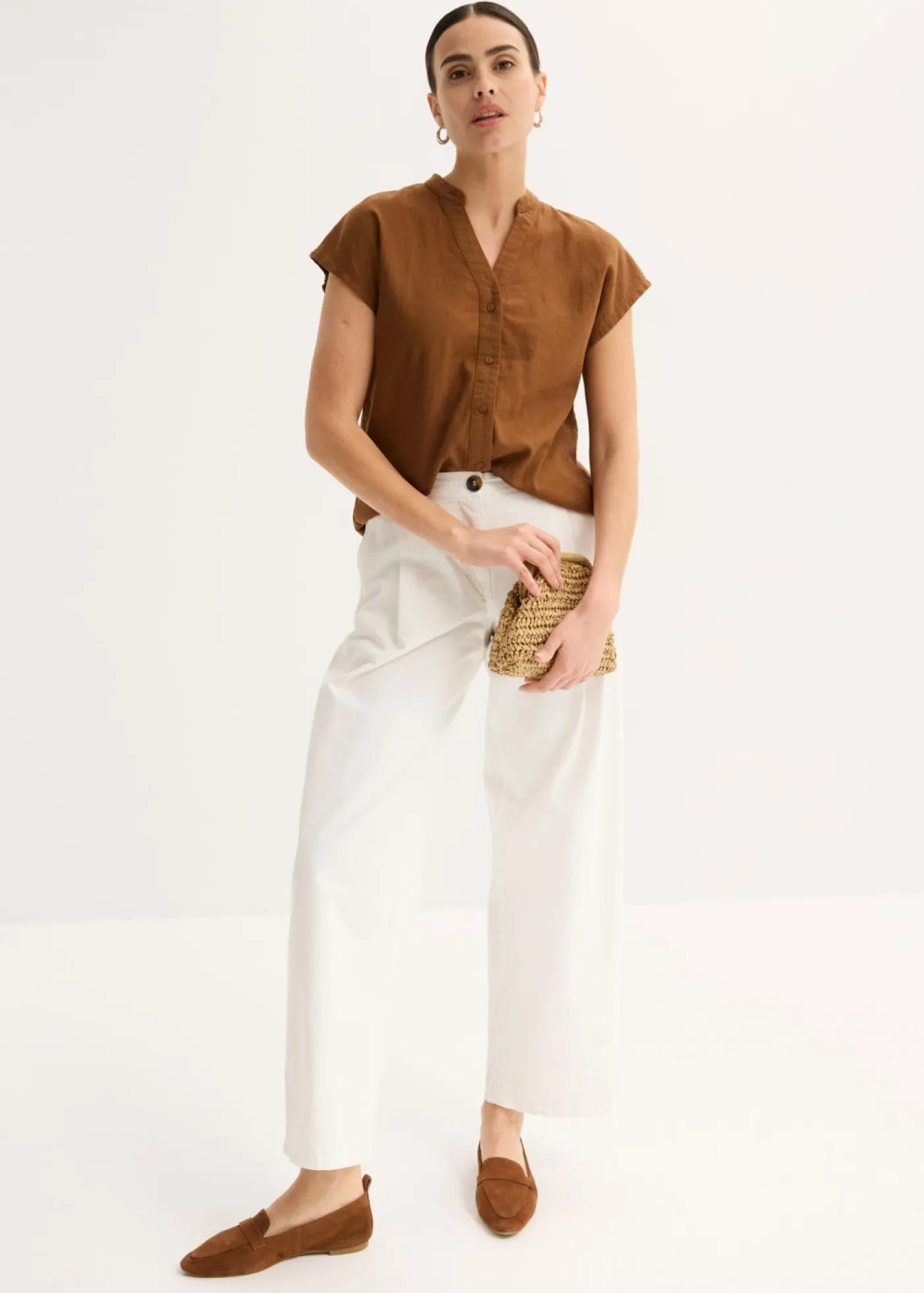 bonprix bonprix Camisas Y Blusas>Blusa de manga corta de mezcla de lino vaporoso marrón