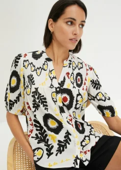 Mujer bonprix bonprix Blusa de manga corta de viscosa fluida con detalle de nido de abeja