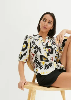Mujer bonprix bonprix Blusa de manga corta de viscosa fluida con detalle de nido de abeja