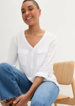 Mujer bonprix bonprix Blusa de manga larga con escote en V de viscosa fluida