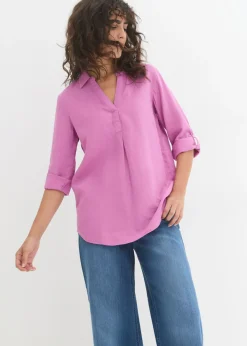 bonprix bonprix Camisas Y Blusas|Novedades>Blusa de mangas 3/4 con lino Rosa violáceo