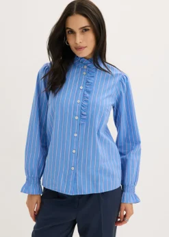 bonprix bonprix Camisas Y Blusas>Blusa de popelín con volantes en el cuello Azul provenzal/blanco/pink lady de rayas
